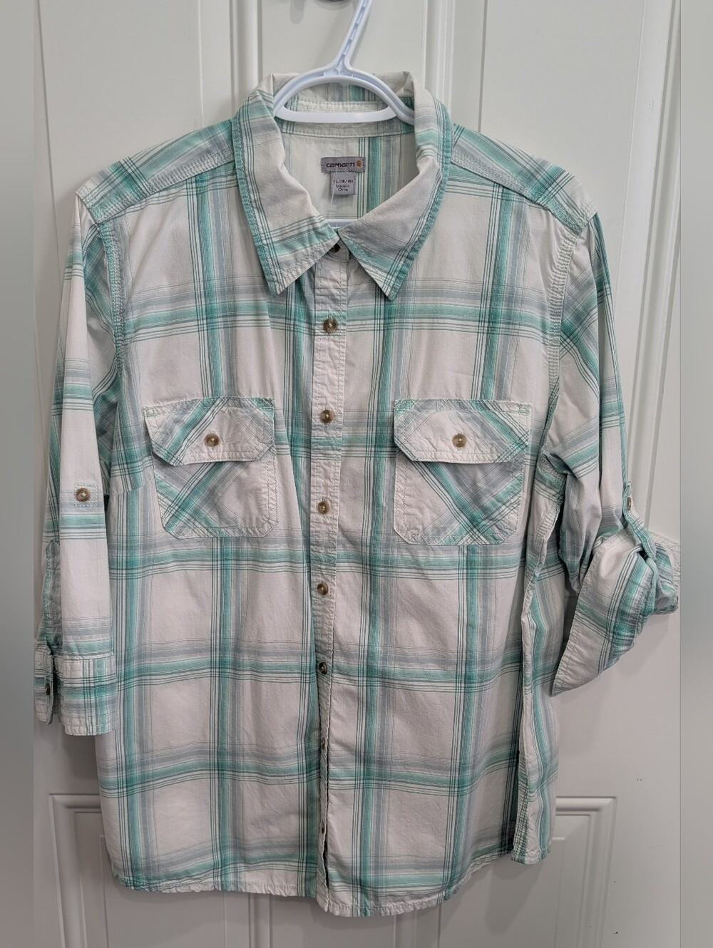 Carhartt Women's Green and White Plaid Roll-Tab Shirt XL